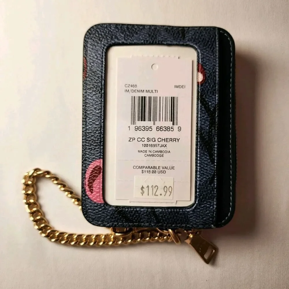 NWT Coach CZ468 Zip Card Case Signature Canvas Cherry Print Denim